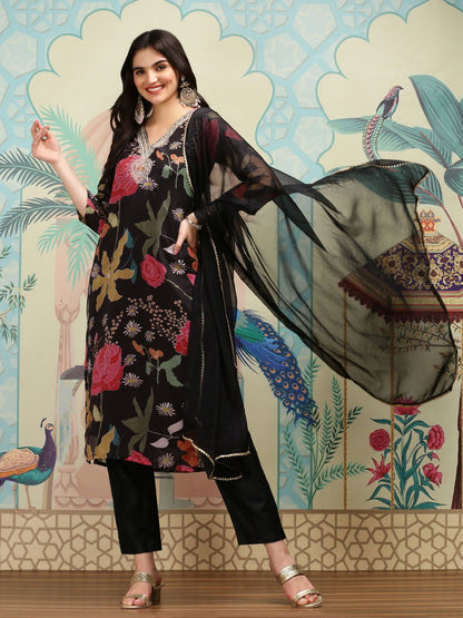 Dhiyona IS Women's Floral Printed V-Neck Three-Quarter Sleeves Kurta with Trousers & With Dupatta