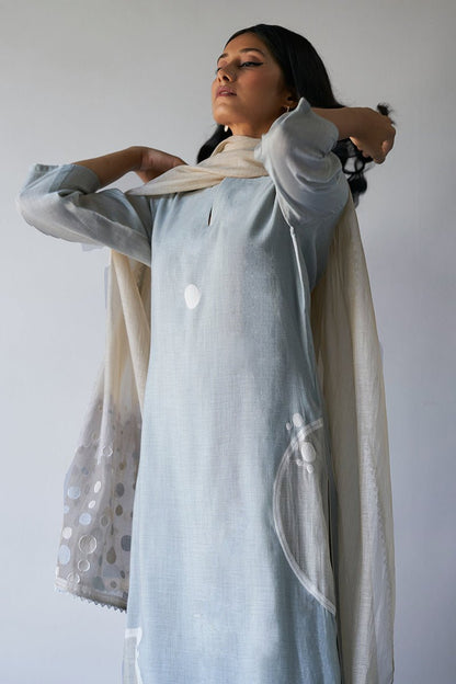 Women's Light Grey Woven Kurta With Cotton Satin Bottom