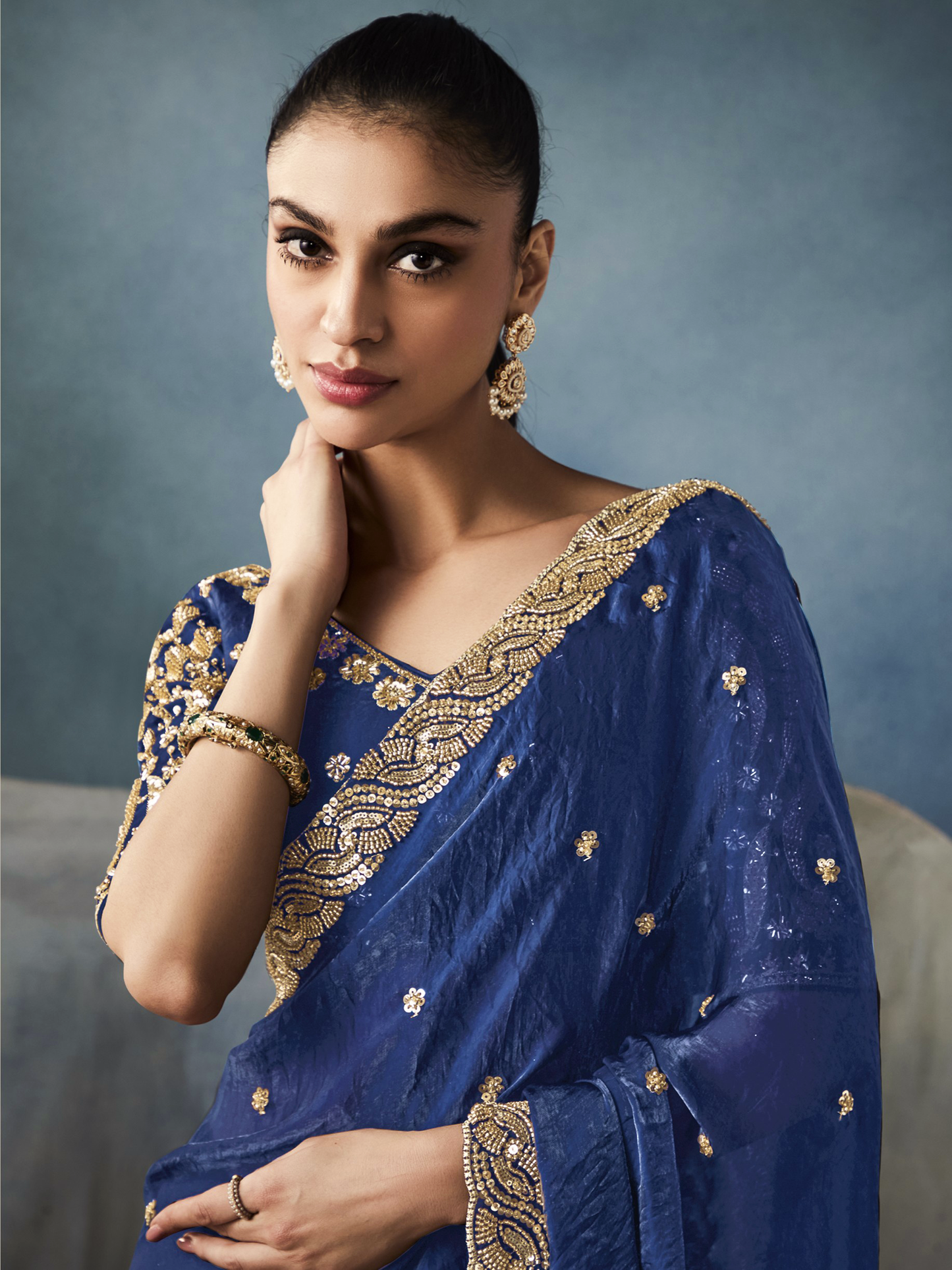 Dhiyona KM Women Navy Blue Tissue Embroidered Fancy Heavy Border Saree
