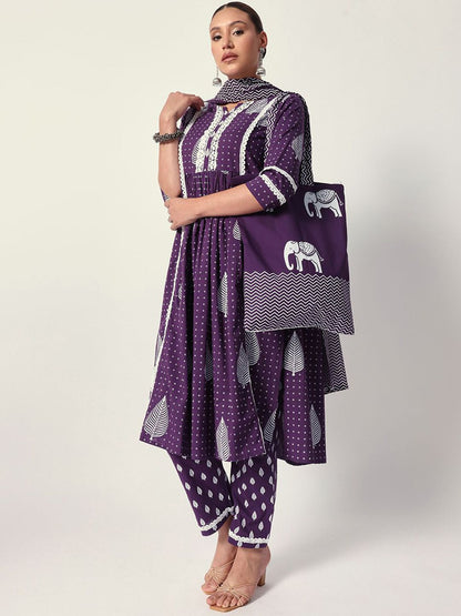 Dhiyona IS Women's Women Ethnic Motifs Printed Regular Pure Cotton Kurta with Trousers & With Dupatta