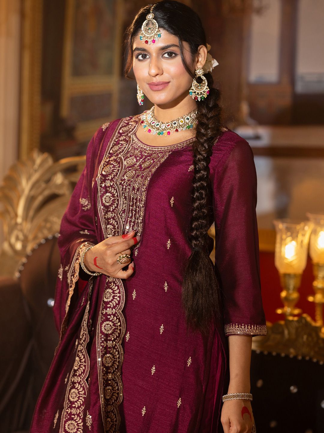 Dhiyona IE Embroidered Gotta Patti Work Round Neck Kurta With Trousers & Dupatta
