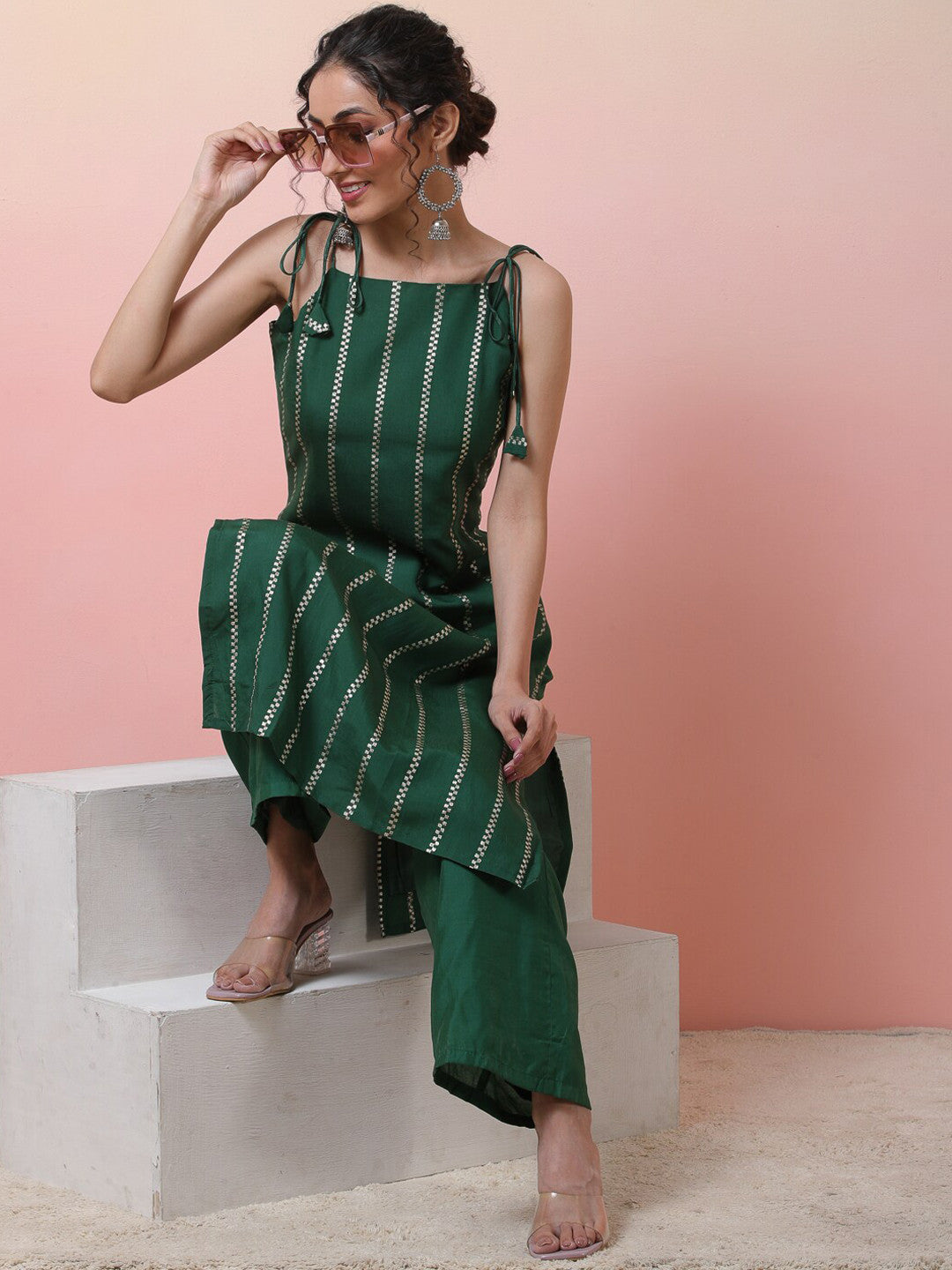 Striped Sleeveless Chanderi Silk Straight Kurta With Palazzos