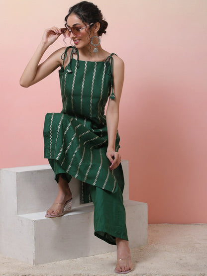 Striped Sleeveless Chanderi Silk Straight Kurta With Palazzos