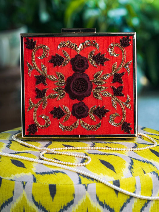 Dhiyona NR Red & Purple Embroidered Box Clutch