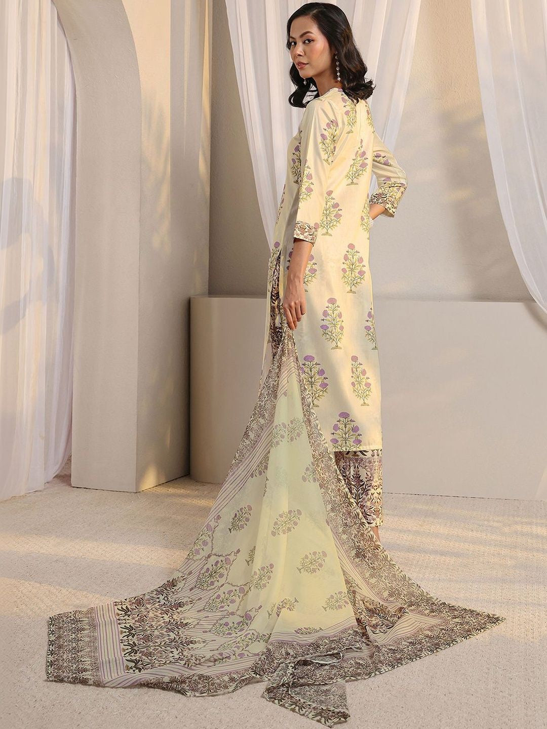 Off White Floral Printed Chanderi Silk Straight Suit Set with Dupatta