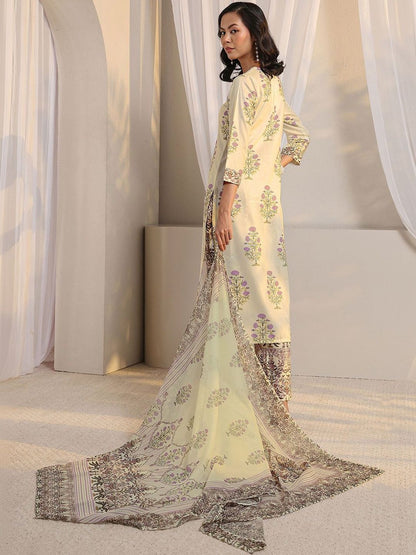 Off White Floral Printed Chanderi Silk Straight Suit Set with Dupatta