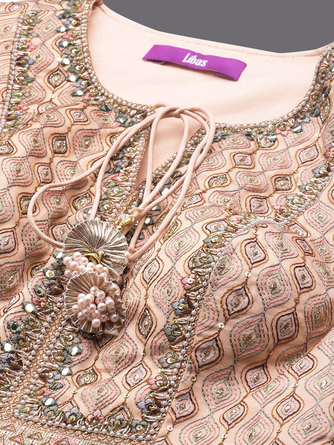 Dhiyona LL Libas Womens Peach Embroidered Silk Anarkali Kurti With Palazzos & Dupatta