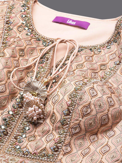 Dhiyona LL Libas Womens Peach Embroidered Silk Anarkali Kurti With Palazzos & Dupatta