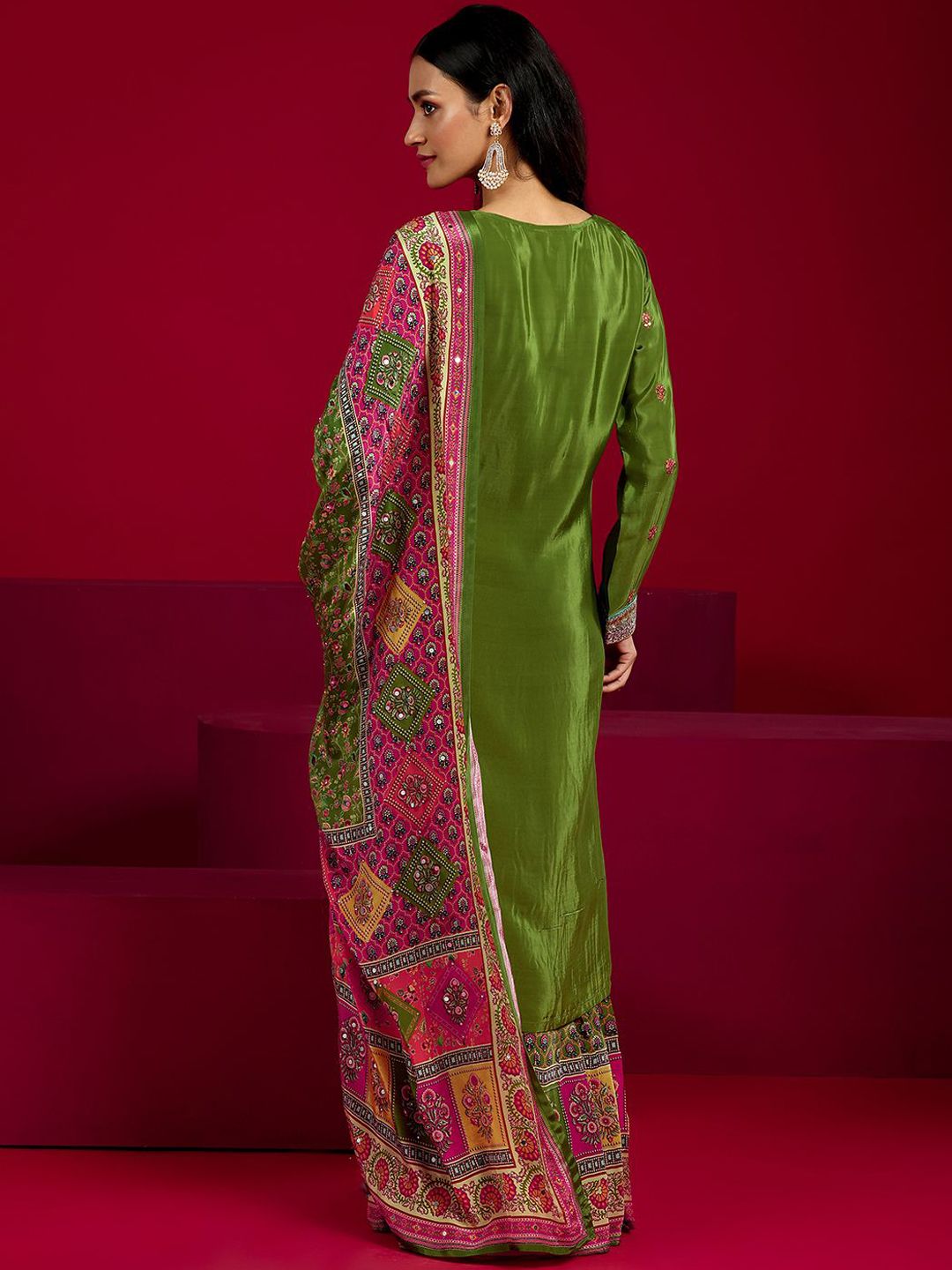 Dhiyona LL Floral Embroidered Notch Neck Sequinned Straight Kurta With Sharara And Dupatta