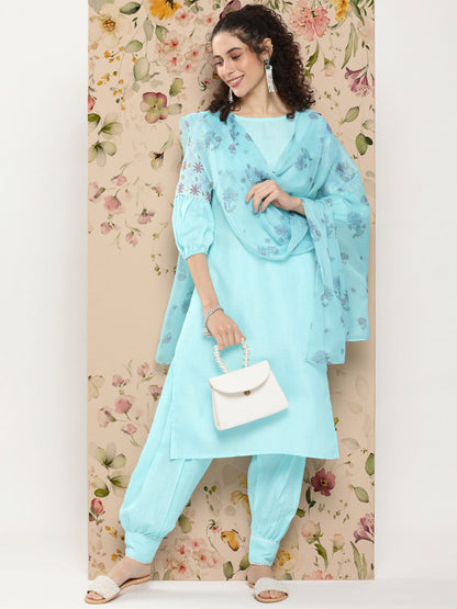 Floral Embroidered Regular Thread Work Kurta with Salwar & With Dupatta