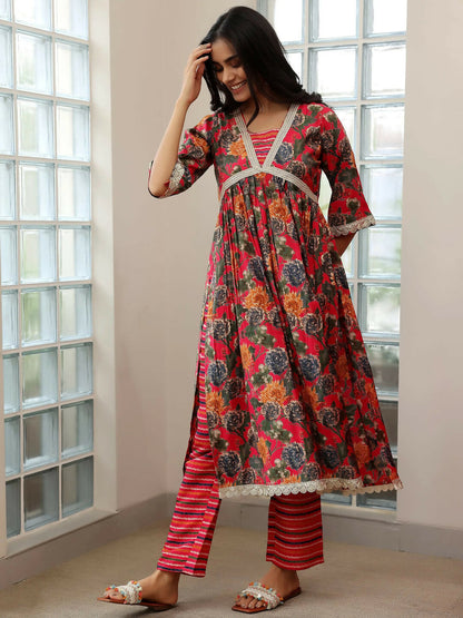 Women's LB Pink Printed Silk Blend A-Line Kurta With Trousers & Dupatta