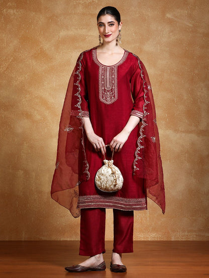 Dhiyona VA Women'sYoke Design Zari Round Neck Straight Kurta With Trousers & Dupatta