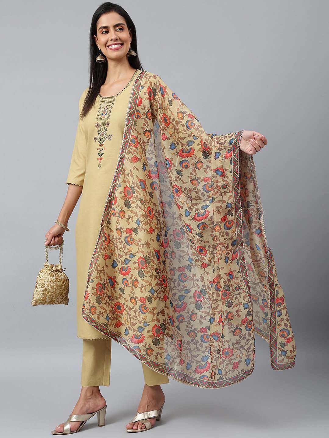 Dhiyona KL Women Beige Embroidered Kurta with Trousers & With Dupatta