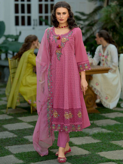 Dhiyona IE Floral Embroidered Pure Cotton Anarkali Kurta With Trousers And Dupatta
