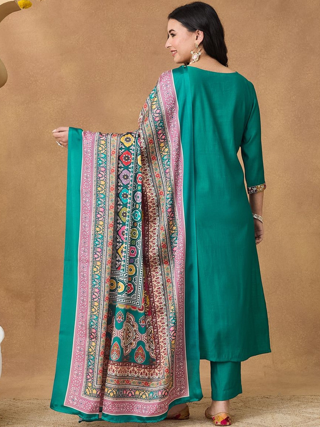 Embroidered Kurta Trousers Printed Dupatta Set