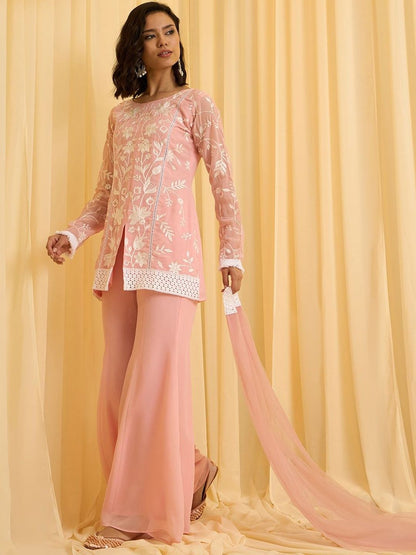 Dhiyona CH Women Floral Embroidered Regular Thread Work Kurta with Sharara & With Dupatta