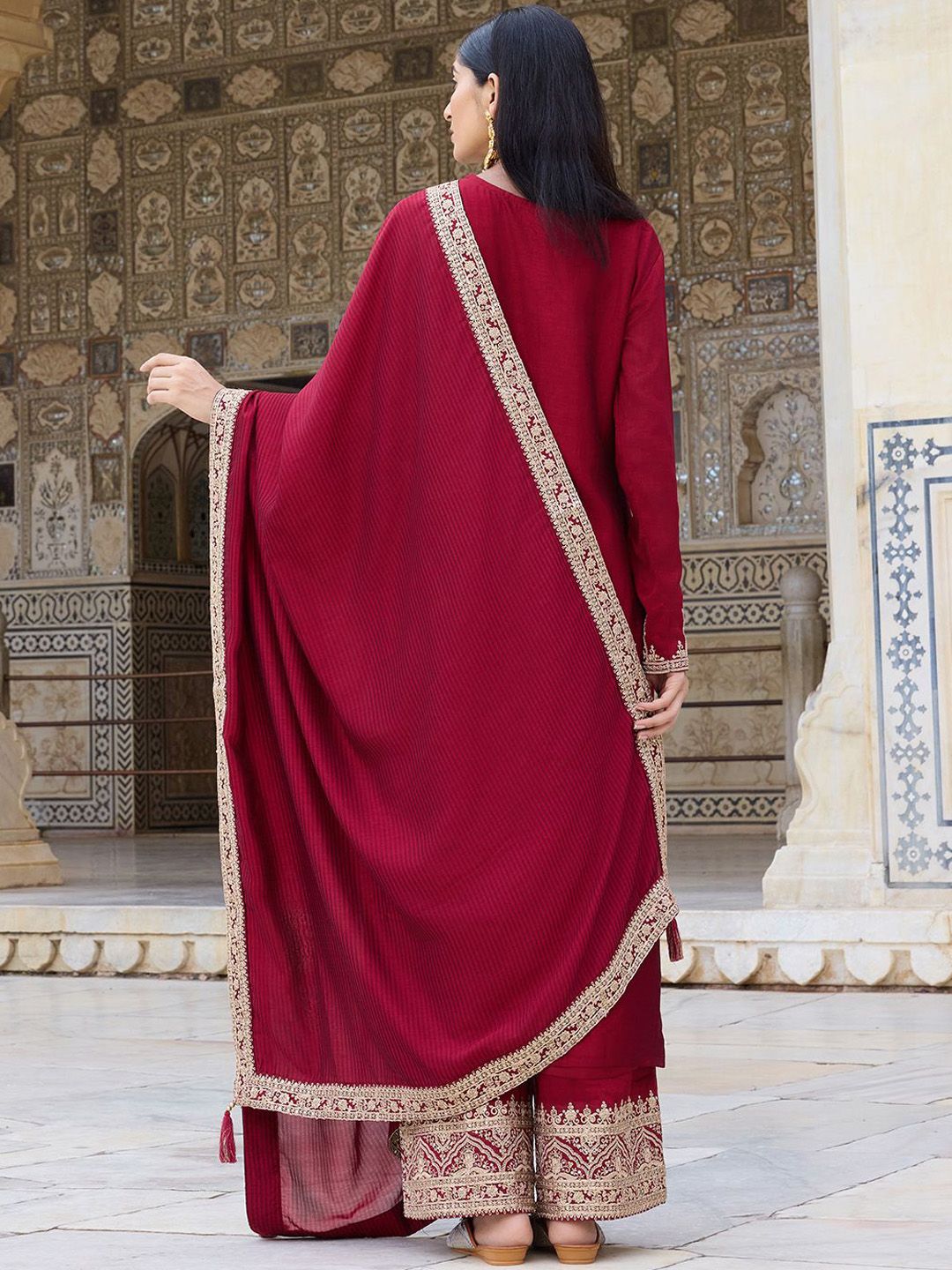 Dhiyona KL Floral Embroidered Straight Kurta with Palazzos & Dupatta