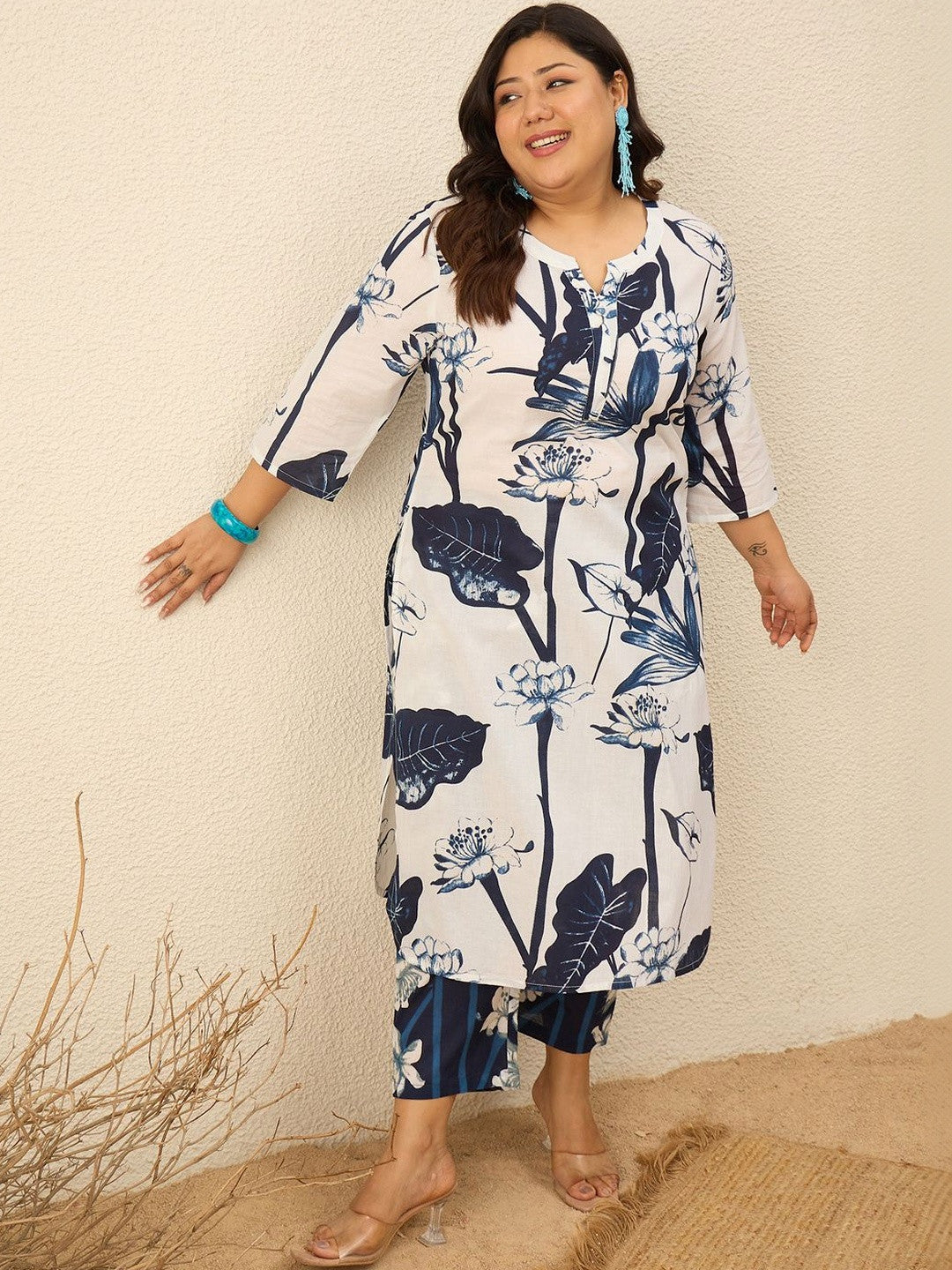 Plus Size Floral Printed Regular Kurta with Palazzos