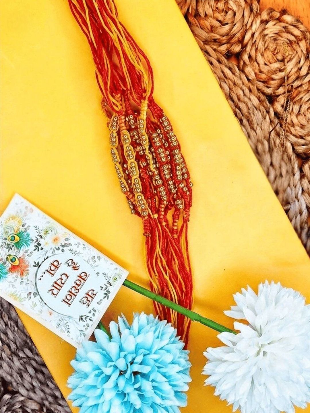 Dhiyona Set Of 6 Yellow & Red Thread Rakhi With Roli Chawal Chandan Mishri