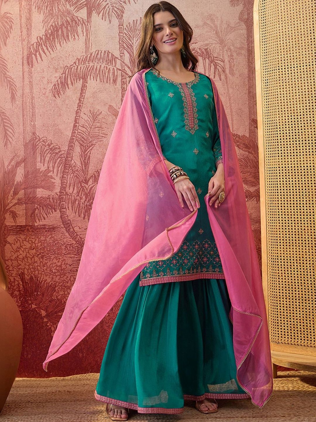 Dhiyona SN Embroidered Round Neck Kurta Sharara & Dupatta