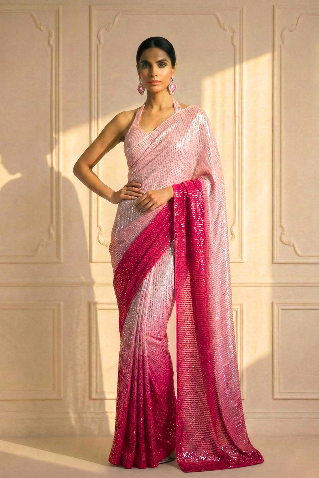 Dhiyona ST Barbie Pink Ombre' Knitted Sequin Saree with Blouse Fabric