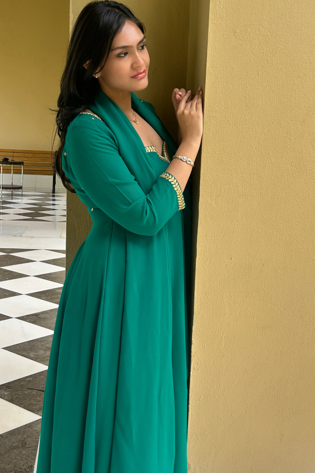Dhiyona ST 3 pc Suit Set - Terribily Nice Green Georgette 3/4th Sleeve Anarkali with Gold Embroidery and Dupatta with Pants