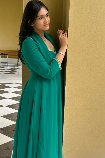 Dhiyona ST 3 pc Suit Set - Terribily Nice Green Georgette 3/4th Sleeve Anarkali with Gold Embroidery and Dupatta with Pants