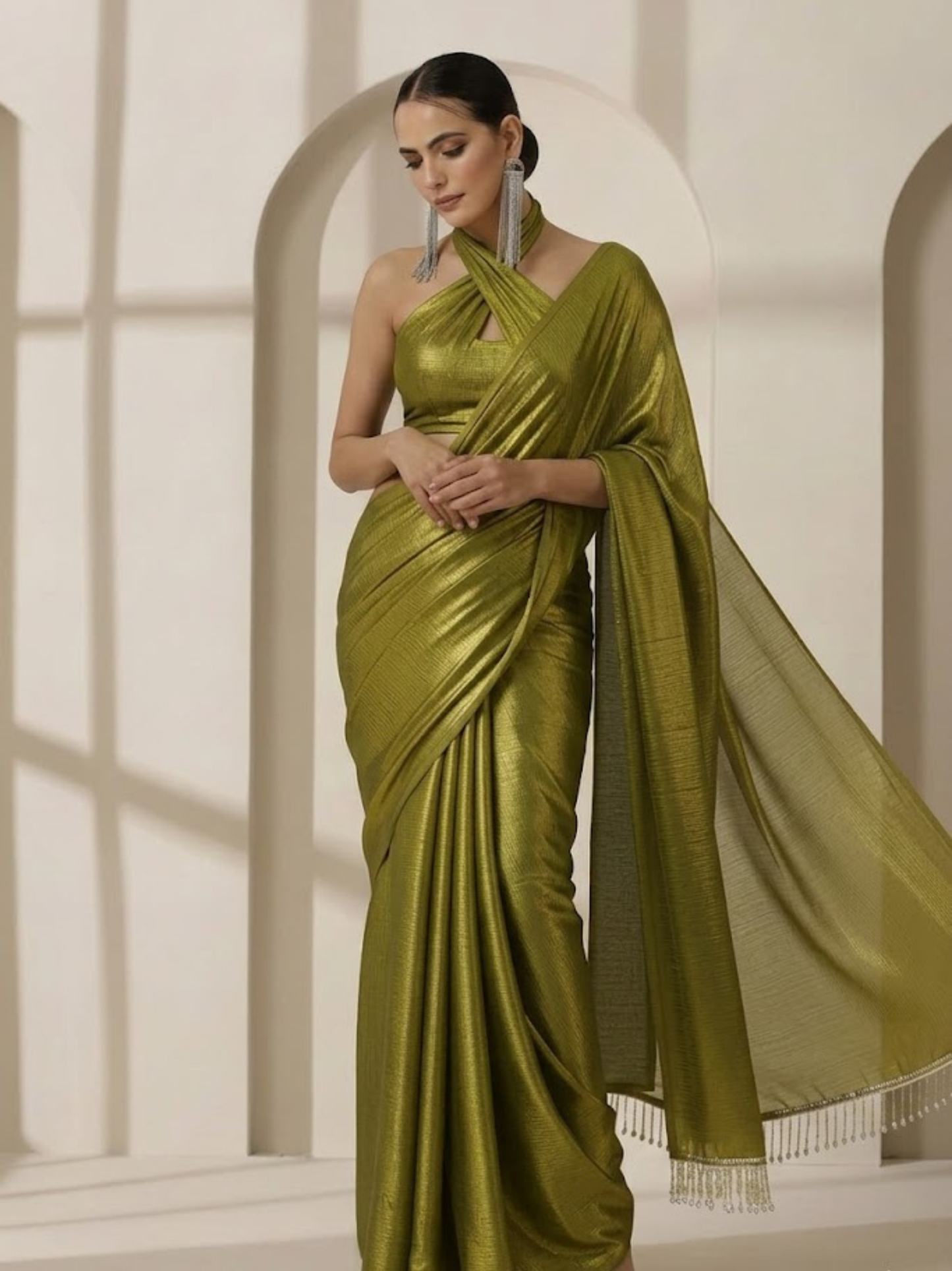 Dhiyona ST Henna Gold Chiffon Saree with Lace with Self Blouse Fabric