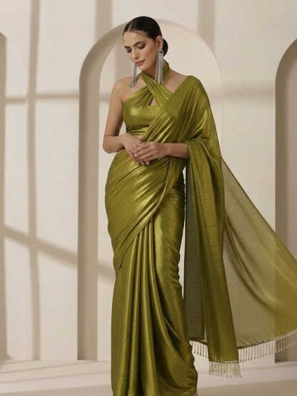 Dhiyona ST Henna Gold Chiffon Saree with Lace with Self Blouse Fabric