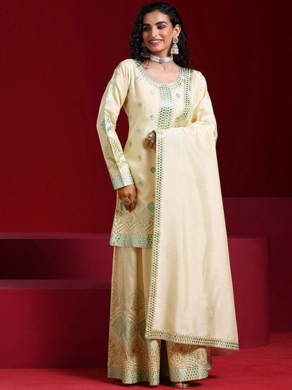 Dhiyona LL Floral Embroidered Regular Sequinned Kurta with Palazzos & Dupatta