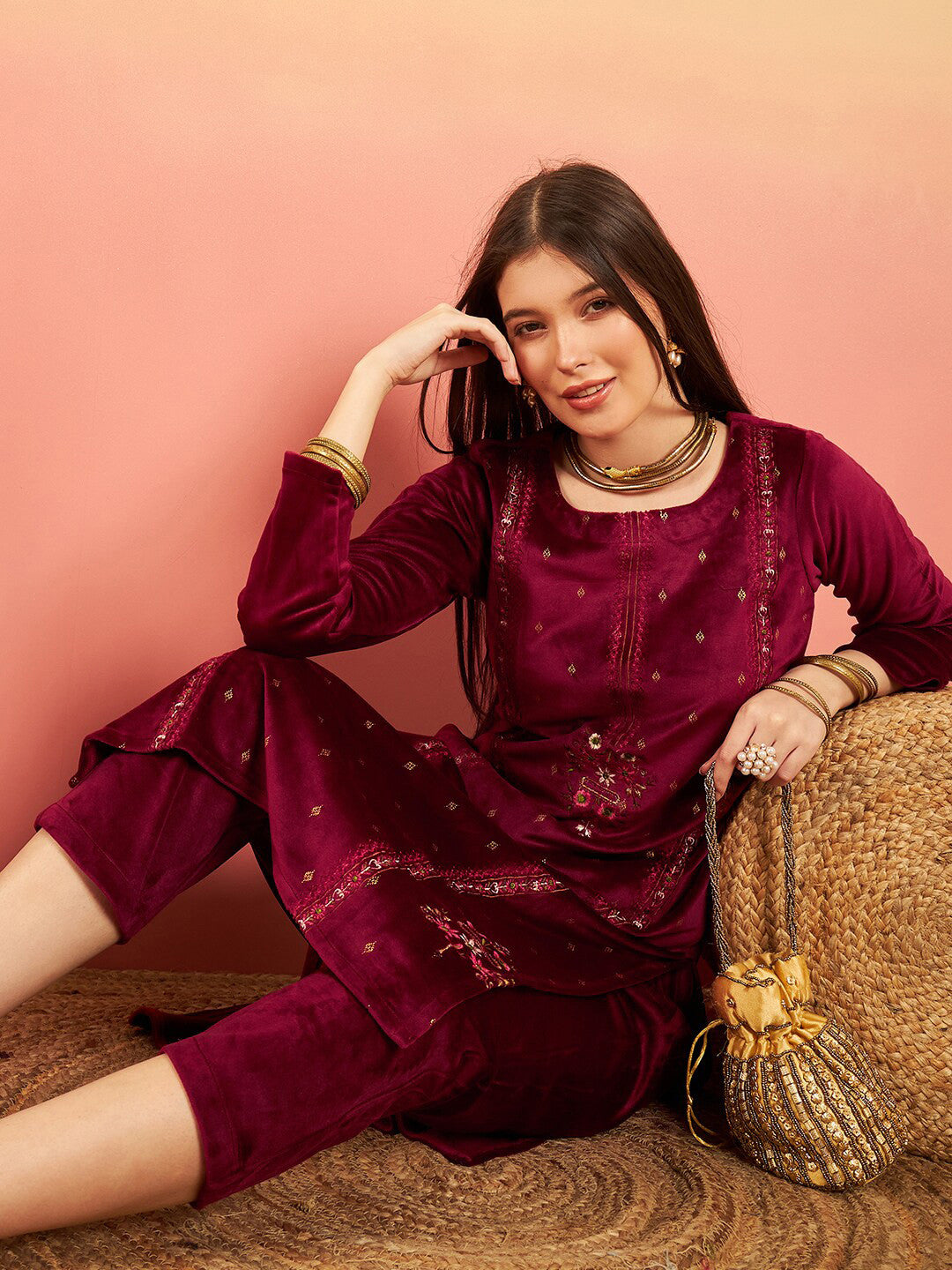 Ethnic Motifs Embroidered Winter Velvet Kurta & Trousers