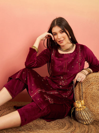Ethnic Motifs Embroidered Winter Velvet Kurta & Trousers