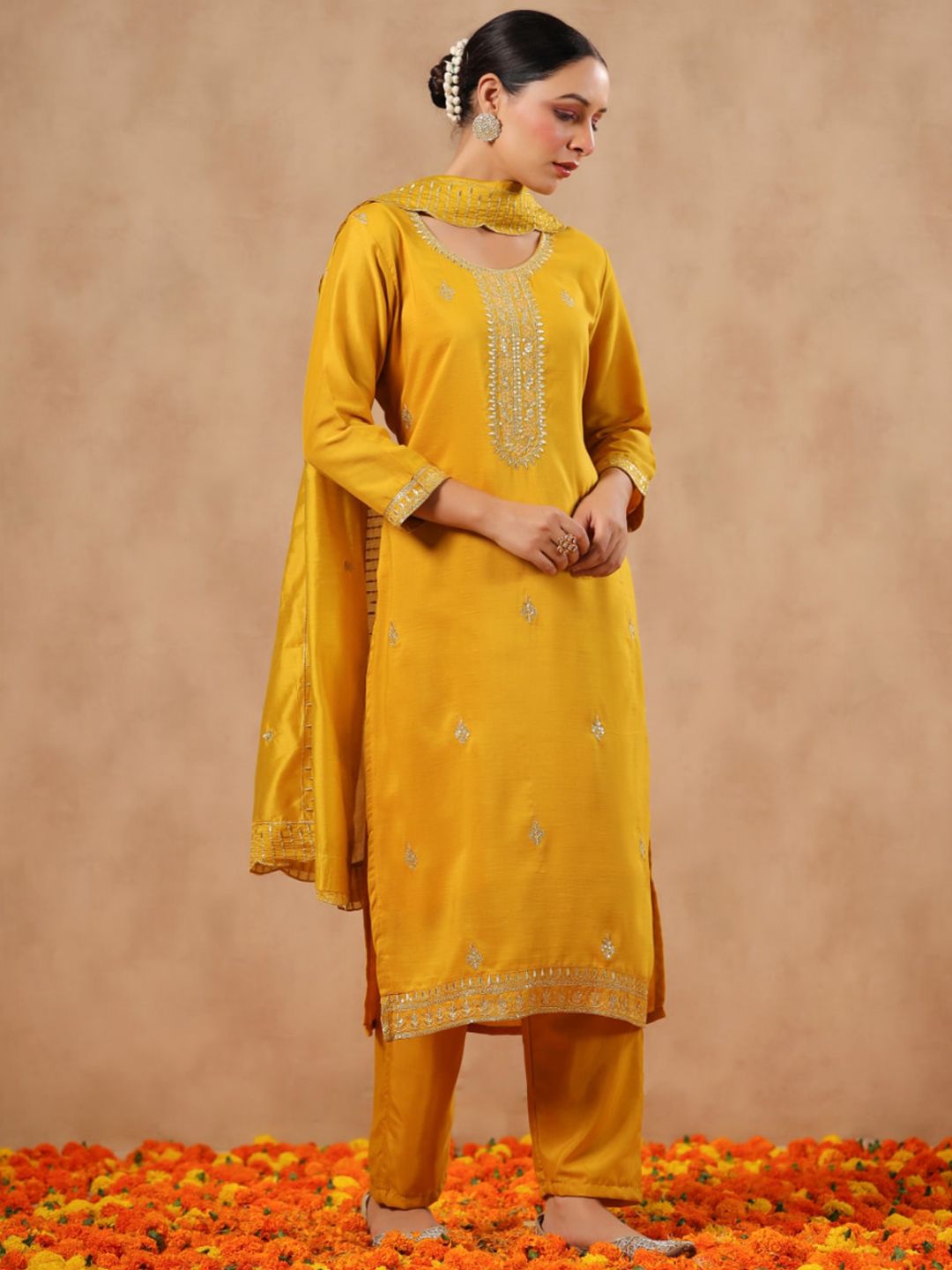 Dhiyona IS Women's Ethnic Motifs Embroidered Sequinned Straight Kurta & Trousers With Dupatta