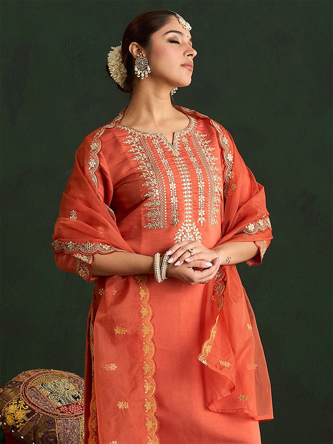 Women Ethnic Motifs Embroidered Regular Gotta Patti Kurta with Trousers & With Dupatta