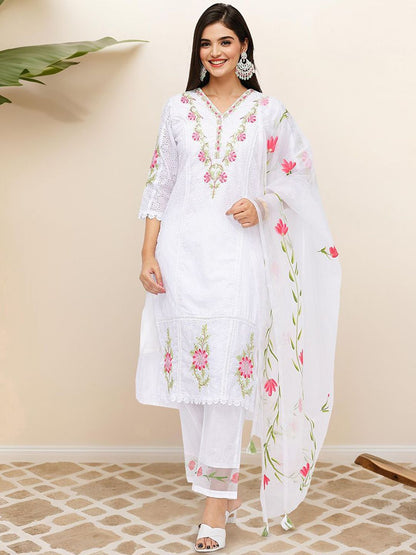 Dhiyona IS Women's Floral Embroidered Thread Work Pure Cotton Kurta with Trousers & Dupatta