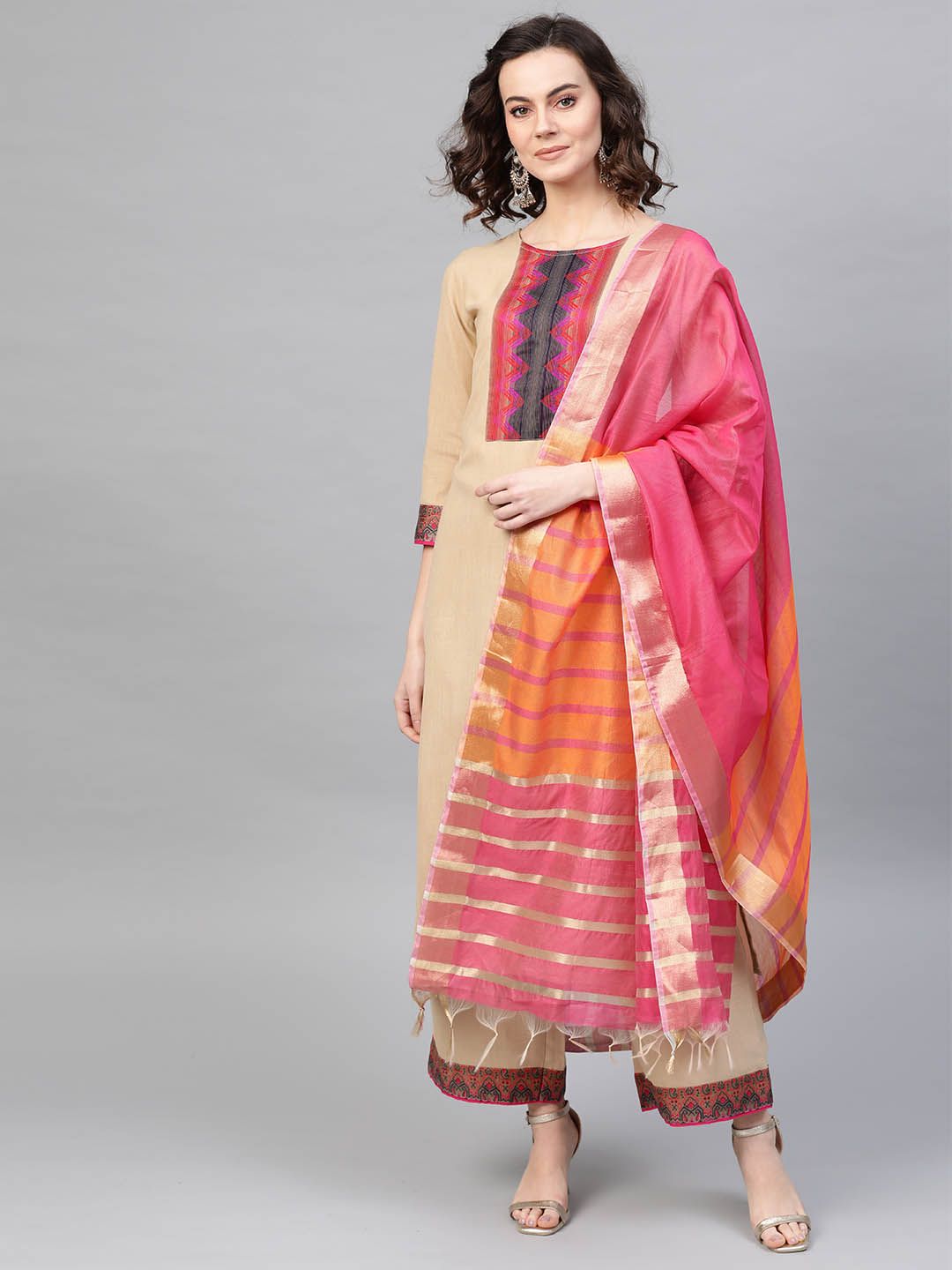 Dhiyona IE Women Beige & Pink Yoke Design Kurta with Palazzos & Dupatta