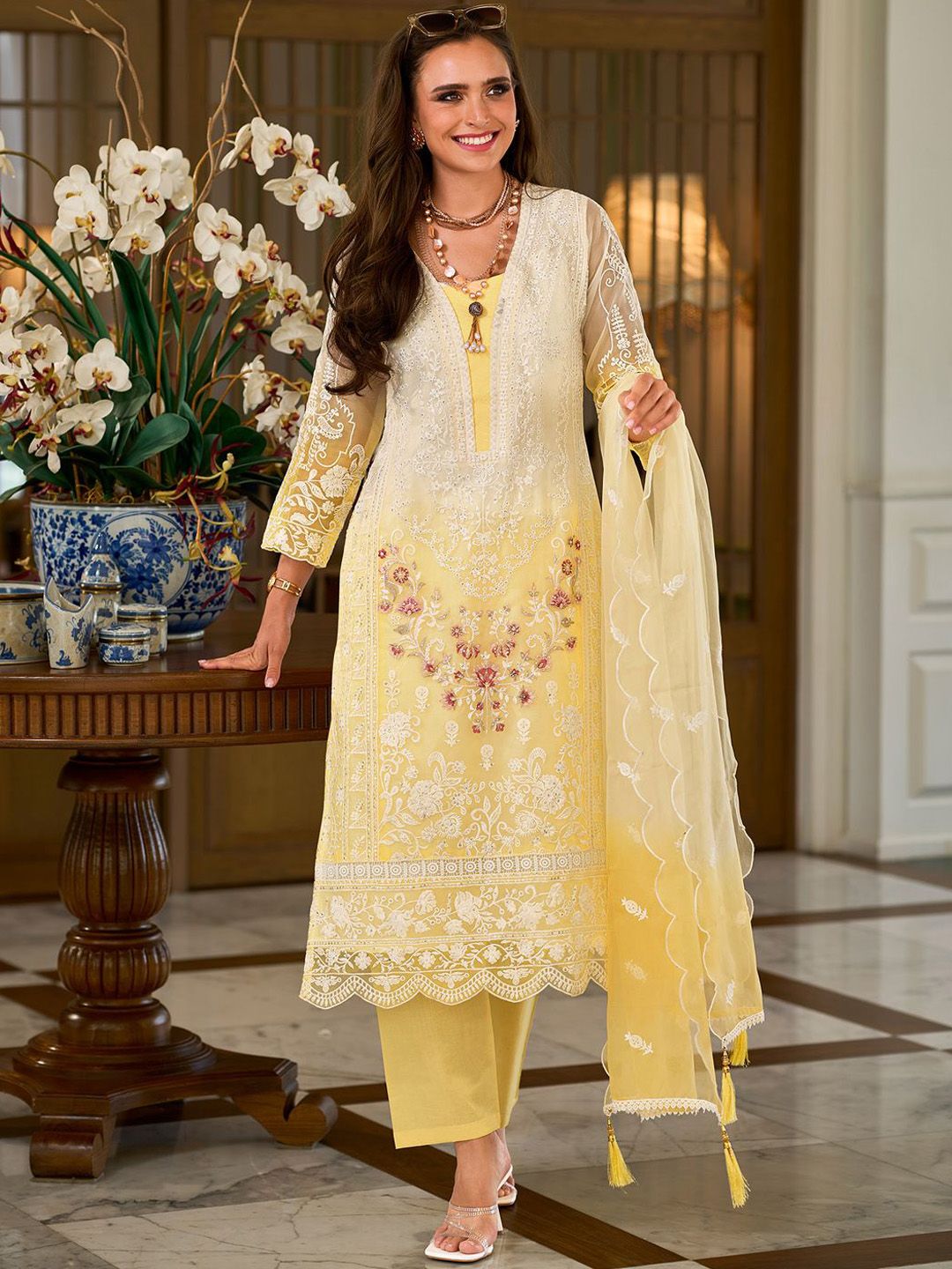 Dhiyona IE Floral Embroidered Sequinned Straight Organza Kurta With Trousers And Dupatta