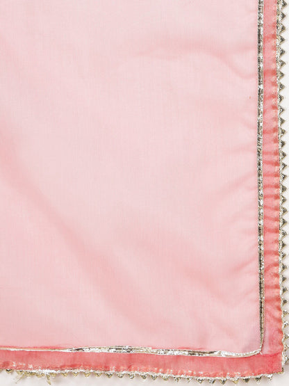 Peach-Coloured Mirror Work Embroidered Anarkali Kurta & Trousers With Dupatta
