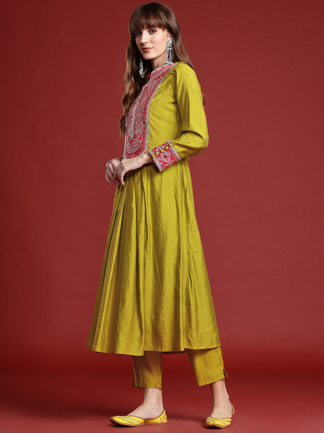 Mirror Work Embroidered Pleated Work Kurta with Trousers