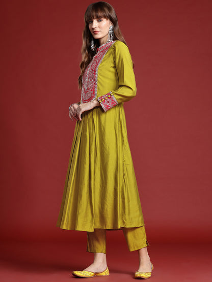 Mirror Work Embroidered Pleated Work Kurta with Trousers