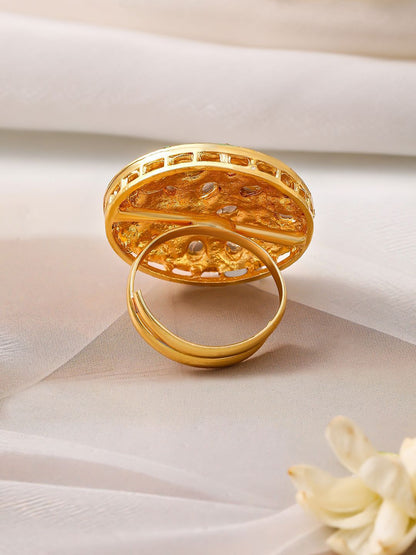 Dhiyona RJ Women's 18K Gold-Plated Black Enamelled and White Kundan Adjustable Ring with Round Design