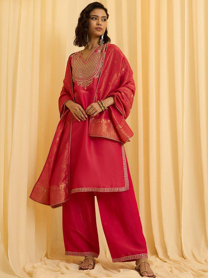 Dhiyona CH Floral Yoke Design Sequinned Straight Kurta With Palazzos & Dupatta