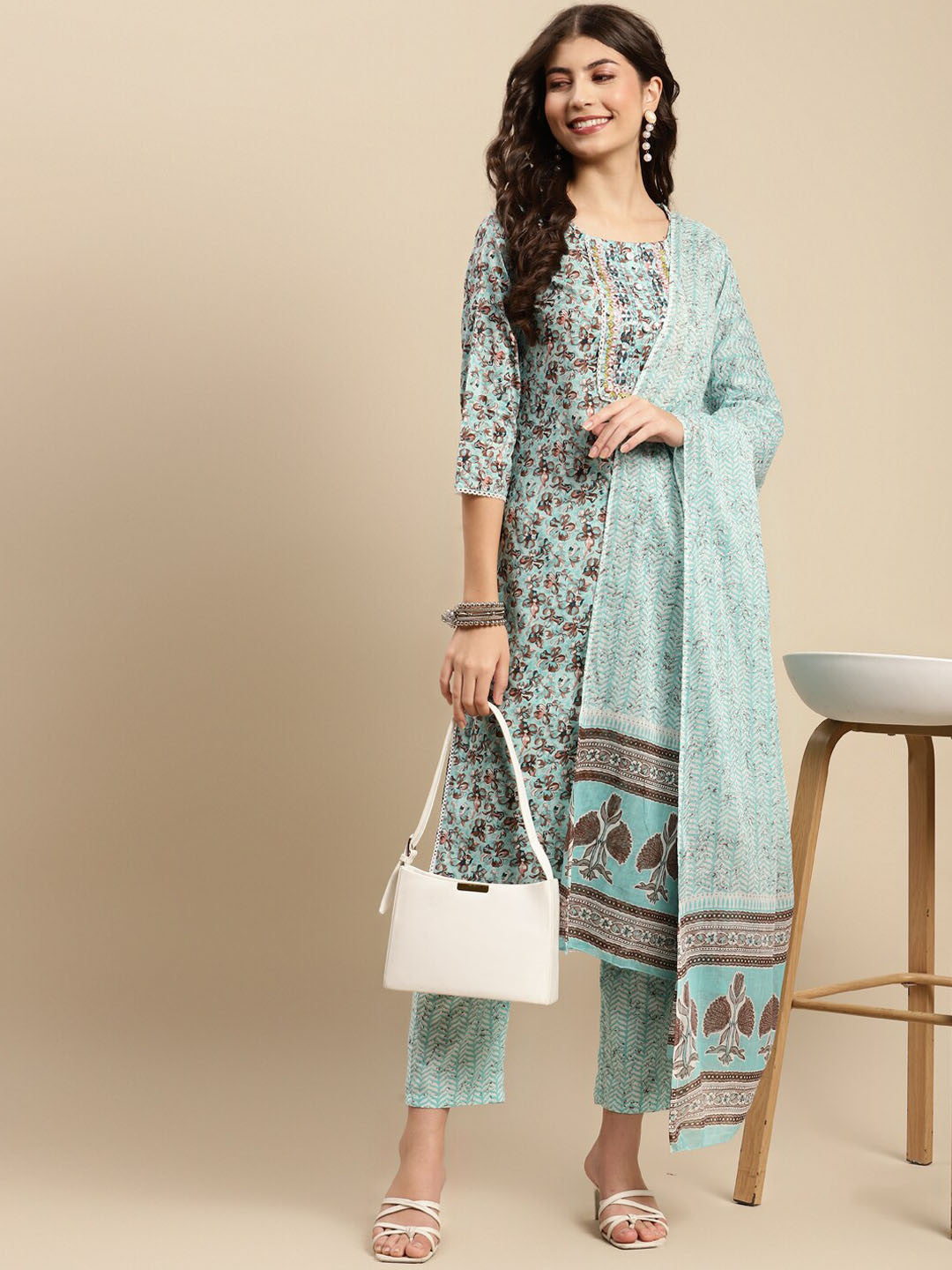Sea Green & Brown Floral Printed Pure-Cotton Straight Kurta With Trouser & Dupatta