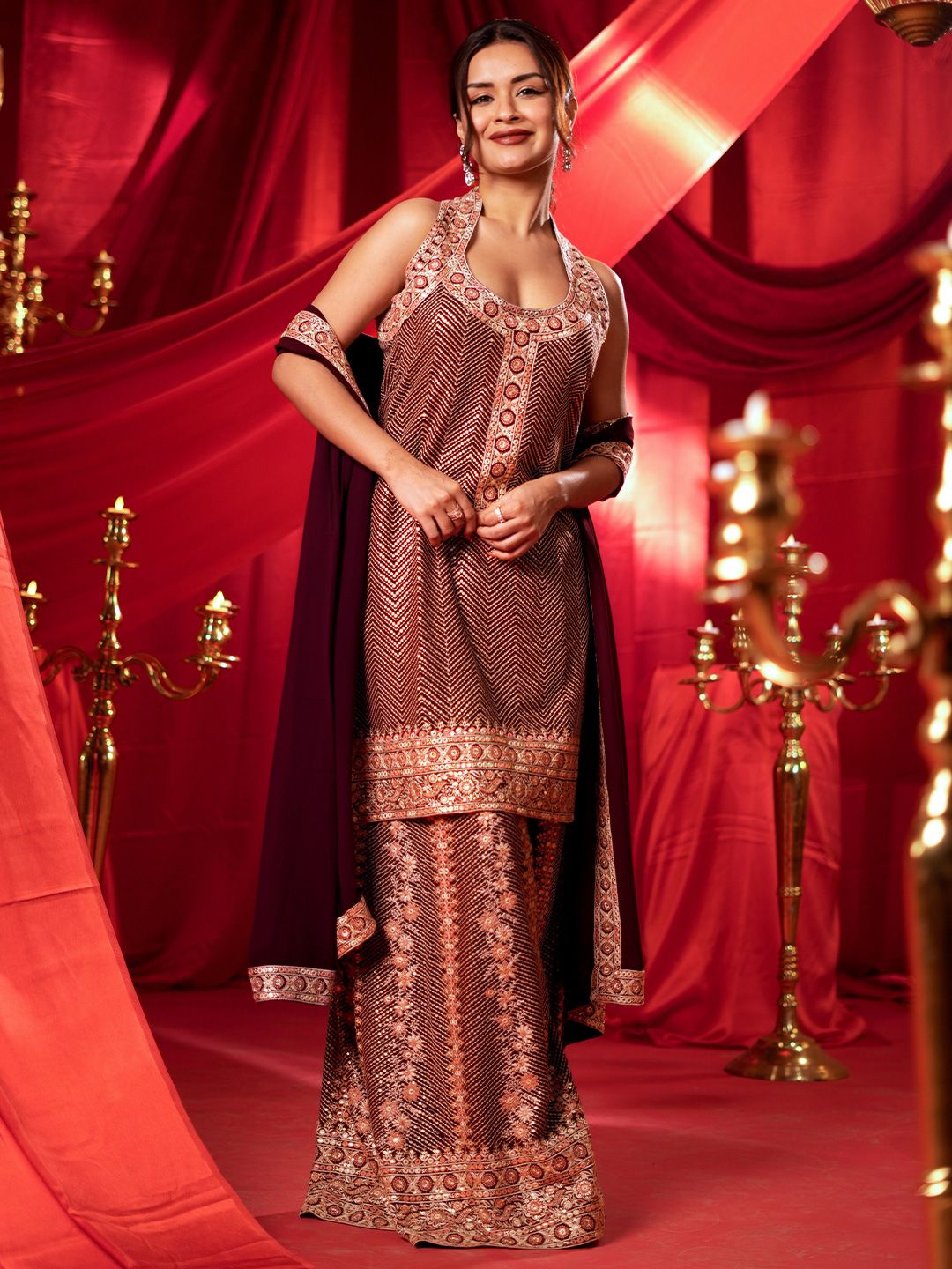 Dhiyona LL Chevron Embroidered Regular Sequinned Georgette Kurta With Palazzo With Dupatta
