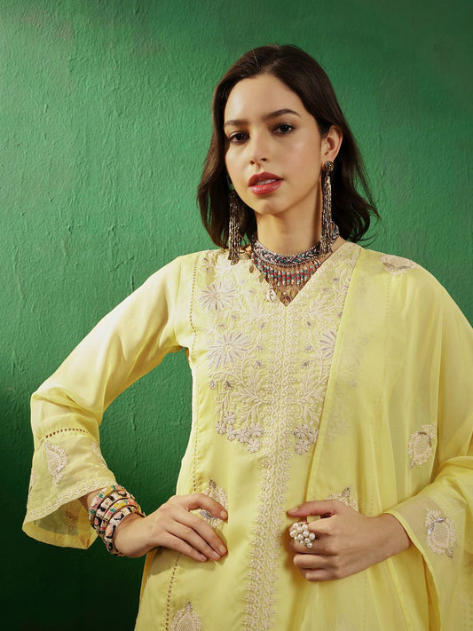 Dhiyona SN Yellow & White Embroidered Organza Panelled Straight Kurta With Palazzos & Dupatta