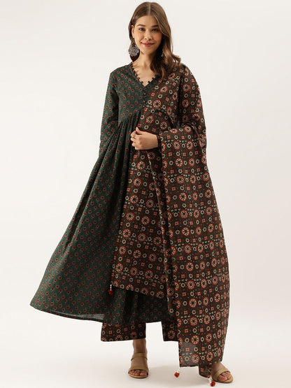 Dhiyona KL Floral Printed V-Neck Pure Cotton Empire Anarkali Kurta With Trousers & Dupatta