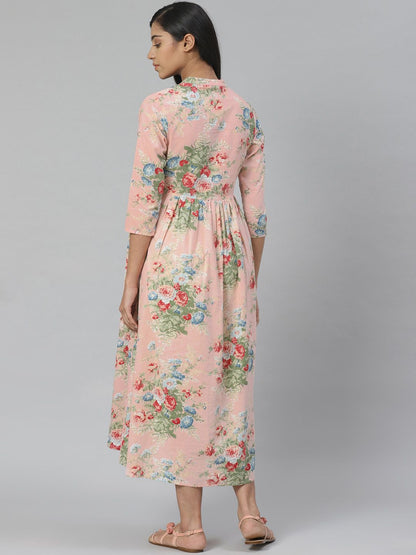 Dhiyona AY Women's Peach-Coloured & Green Floral Printed Pure Cotton Maternity A-Line Dress