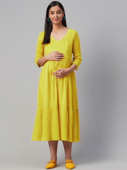 Dhiyona AY Women's Lime Green Solid Tiered Maternity A-Line Dress