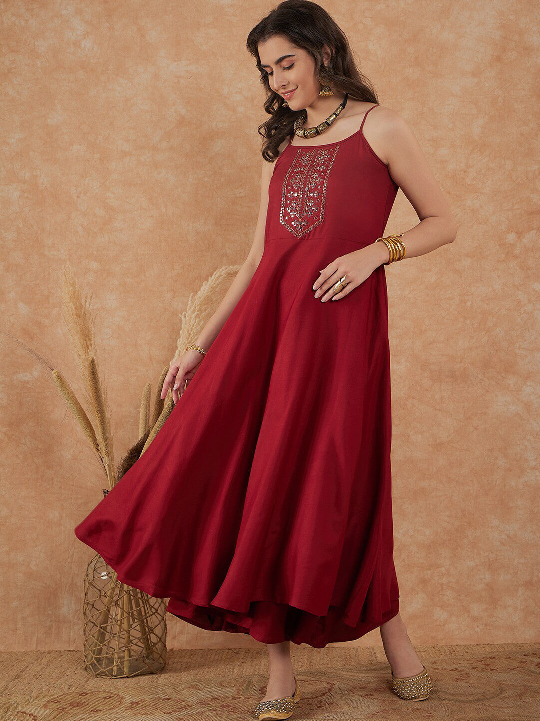 Dhiyona SN Maroon Geometric Yoke Design Shoulder Straps Mirror Work A-Line Kurta With Palazzo