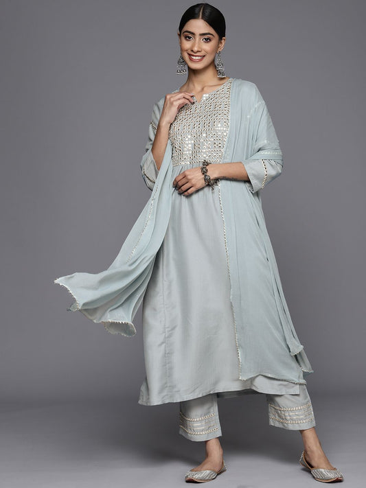 Dhiyona VA Women'sEmbroidered Mirror Work Notch Neck Panelled Kurta & Trousers With Dupatta